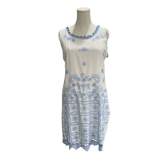 HiBis Embroidered Lace Dress Cottagecore Coquette Resort Boho Summer White Blue - Picture 5 of 9